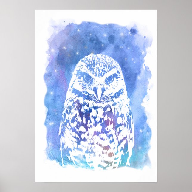 Poster Chouette blanche tendance bleu aquarelle nuit ciel (Devant)