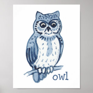 Poster Chouette bleue mignonne Aquarelle Animal Nature Fa