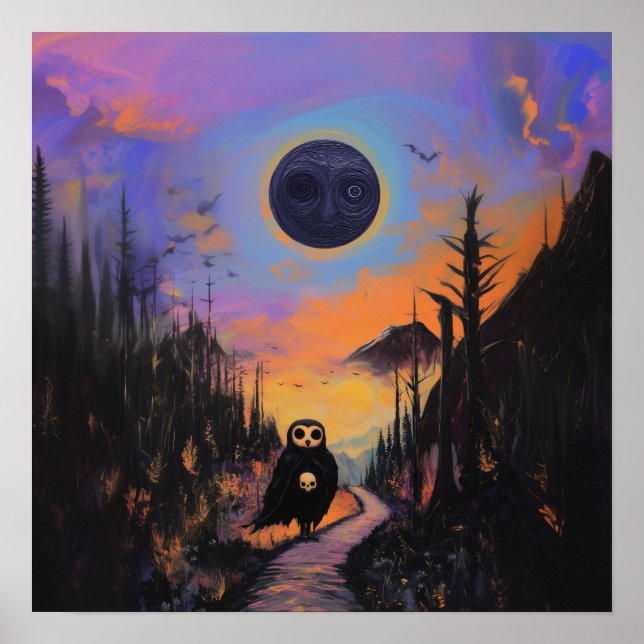 Poster Chouette crâne noir lune cuisine AI Art Matte Vale (Devant)