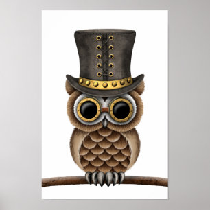 Poster Chouette Cute Steampunk sur une branche sur blanc