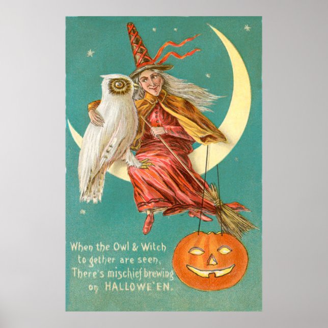 Poster Chouette de sorcière croissant de lune Jack-o'-lan (Devant)