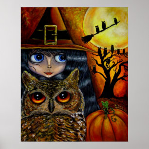 Poster Chouette d'Halloween sorcière Citrouilles Big Eyes