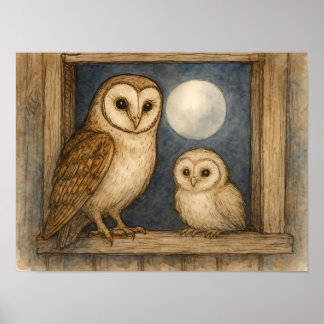 Poster Chouette effraie & Jeune Chouette Aquarelle Rustiq