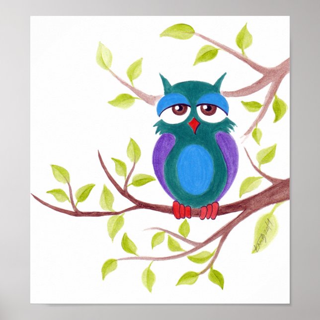 Poster Chouette endormie mignonne sur un arbre Peinture d (Devant)