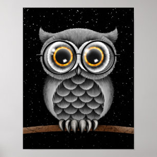 Poster Chouette gris bouffée mignonne avec lunettes avec 