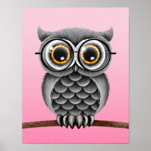 Poster Chouette gris bouffée mignonne avec lunettes, rose