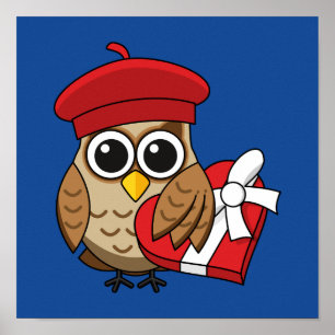 Poster Chouette mignonne avec béretd rouge et boîte en fo