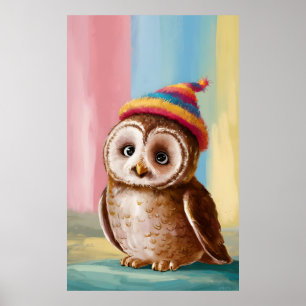 Poster Chouette mignonne en Béanie colorée
