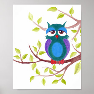 Poster Chouette mignonne endormie sur un arbre Peinture d
