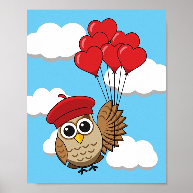Poster Chouette mignonne volant avec des ballons de coeur (Devant)