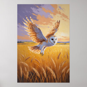 Poster Chouette volant au-dessus d'un champ doré, Art de