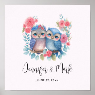 Poster Chouettes amoureuses Assis sur une branche d'arbre