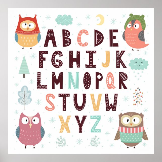 Poster Chouettes blanches mignonnes Lettres ABC Alphabet  (Devant)
