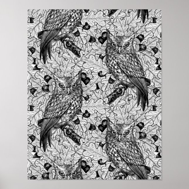 Poster Chouettes dans le chêne, noir et blanc (Devant)