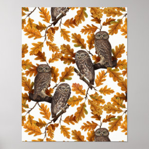 Poster Chouettes d'automne sur coton blanc