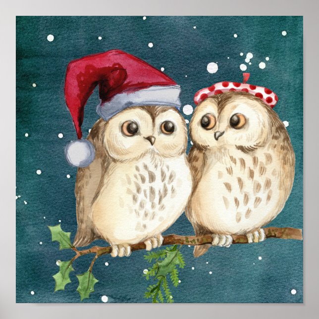 Poster Chouettes de Noël en Branche la nuit (Devant)