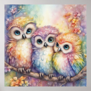 Poster Chouettes d'oiseaux arc-en-ciel 1