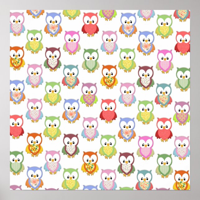 Poster Chouettes douces colorées différentes poitrine mot (Devant)