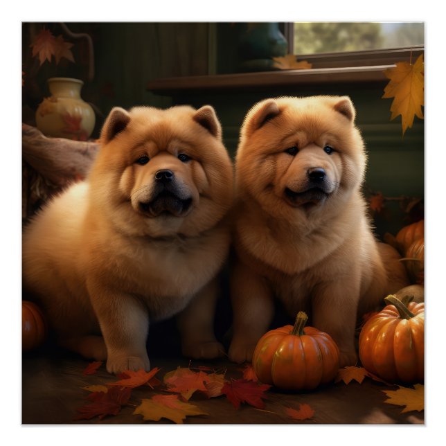 Poster Chow Chow Chiot Automne Citrouille de plaisir (Devant)