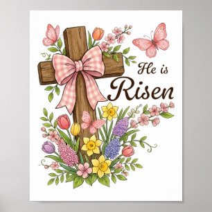 Poster Chrétien- Il Est Ressuscité Croix Florale Religieu