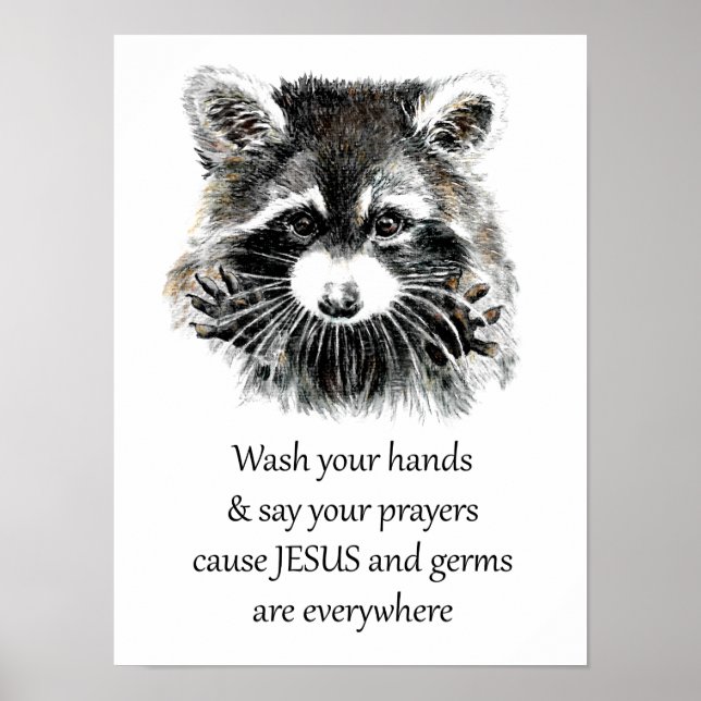 Poster Christian Washroom Lavez vos mains Raccoon Animal (Devant)