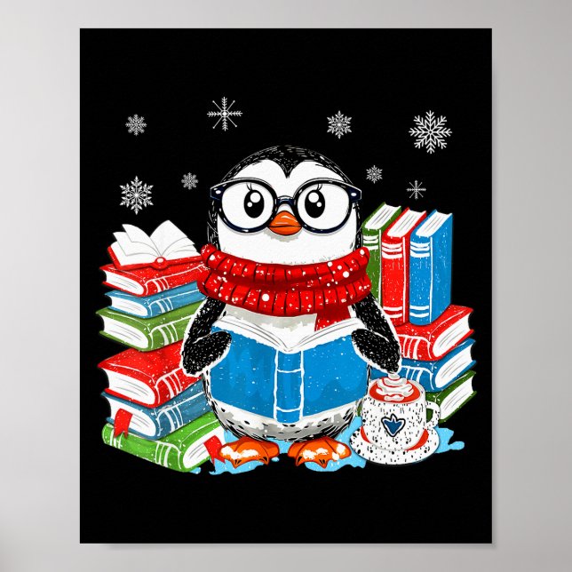Poster Christmas A Penguin Reading Book Snowflake Cocoa H (Devant)