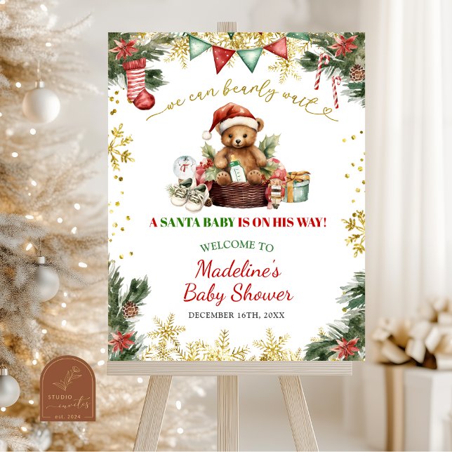 Poster Christmas Bear Santa Boy Baby Shower Welcome Sign (Créateur téléchargé)