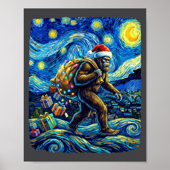 Poster Christmas Bigfoot Santa Hat Van Gogh Starry Night  (Devant)