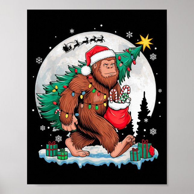 Poster Christmas Bigfoot Santa Tree Sleigh Moon Funny Xma (Devant)
