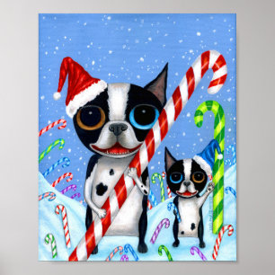 Poster Christmas Boston Terrier Dogs Candy Cane Santa Hat