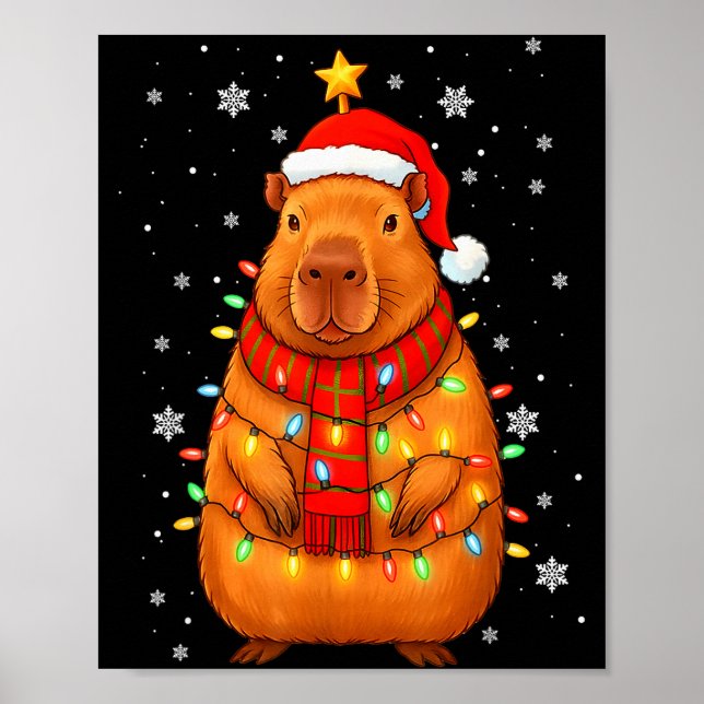 Poster Christmas Capybara With Santa Hat Xmas Lights Tree (Devant)