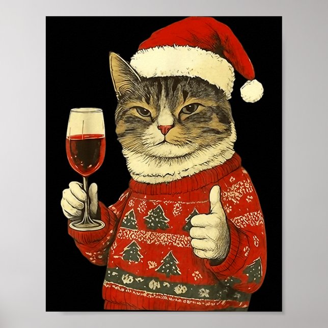 Poster Christmas Cat Likes Cute Cat Drinking Wine With Sa (Devant)