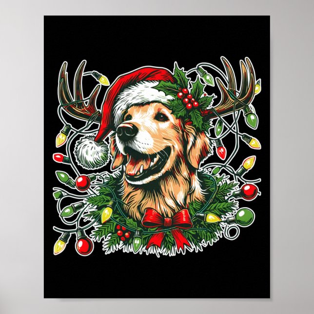 Poster Christmas Golden Retriever Antlers Santa Hat Long  (Devant)