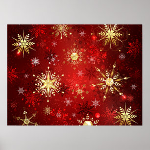 Poster Christmas Golden Snowflakes on Red Background