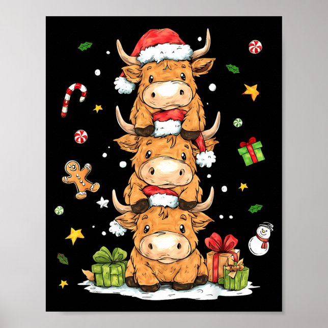 Poster Christmas Highland Cow Cute Heifer Cow Santa Hat M (Devant)