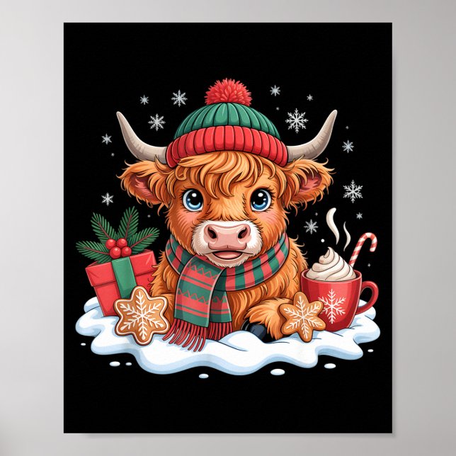 Poster Christmas Highland Cow Cute Heifer Cow Santa Hat M (Devant)
