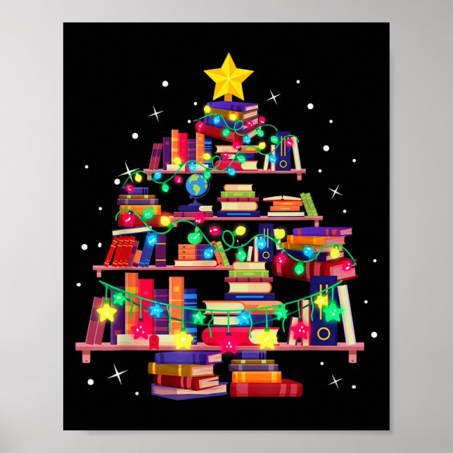 Poster Christmas Library Tree Love Reading Books Nerd Tea (Devant)