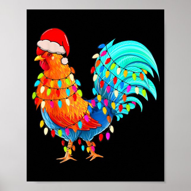 Poster Christmas Lights Chicken Wearing Xmas Hat Chicken  (Devant)