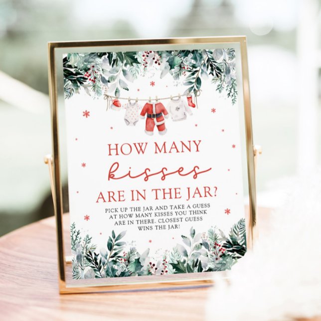 Poster Christmas Père Noël Devine combien de baisers Baby (Watercolor Christmas Santa Guess How Many Kisses Baby Shower Sign)