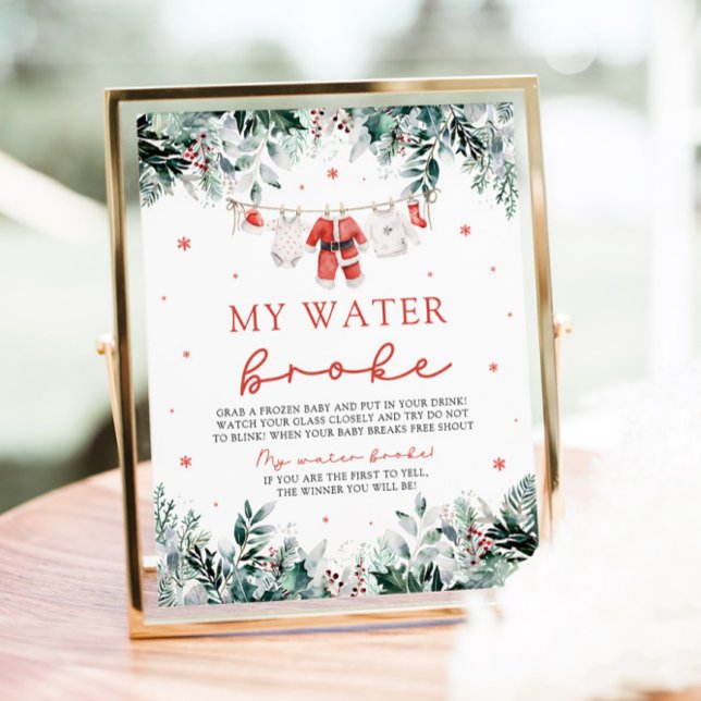 Poster Christmas Père Noël My Water Broke Baby shower Jeu (Watercolor Christmas Santa My Water Broke Baby Shower Game  Sign)