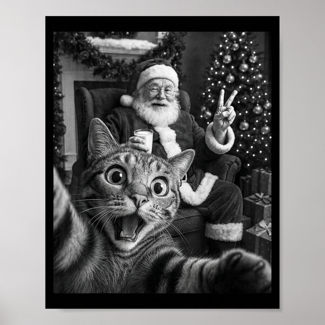 Poster Christmas Santa Claus Merry X-mas Funny Cat Selfie (Devant)