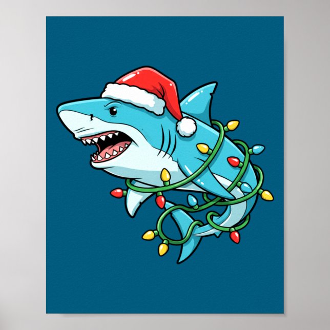 Poster Christmas Shark Santa Hat Wrapped In Lights Funny  (Devant)
