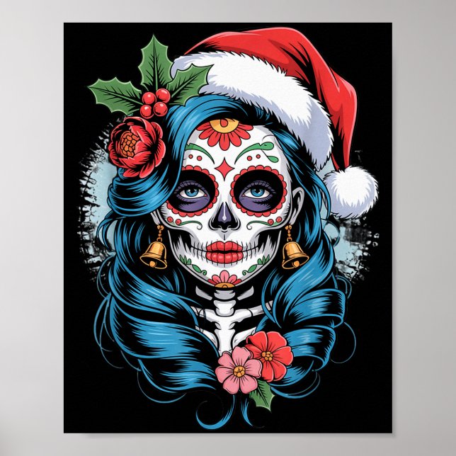 Poster Christmas Sugar Skull Art Woman Santa Hat Festive  (Devant)