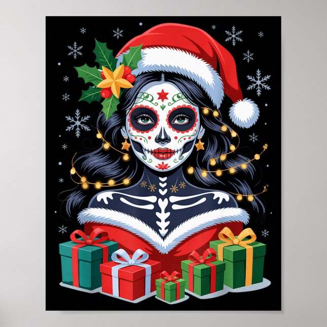 Poster Christmas Sugar Skull Art Woman Santa Hat Festive  (Devant)