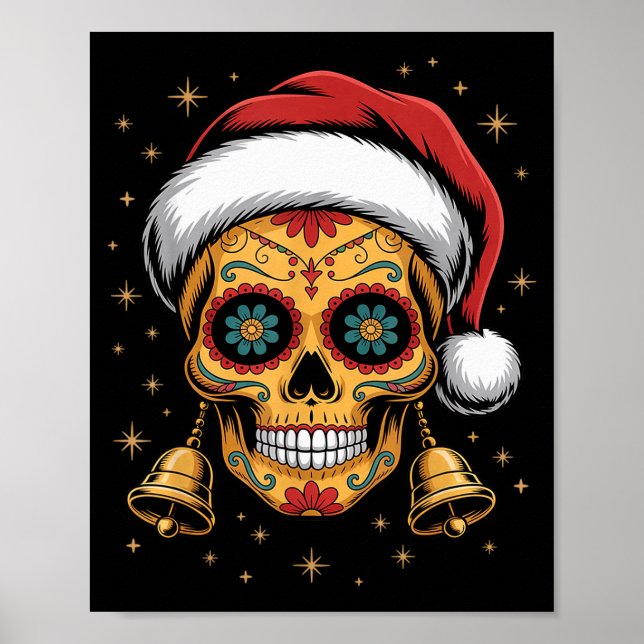 Poster Christmas Sugar Skull Art Woman Santa Hat Festive  (Devant)