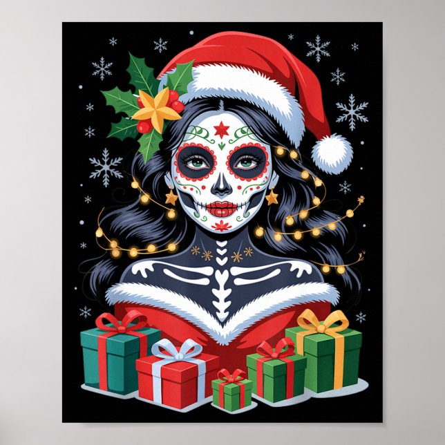 Poster Christmas Sugar Skull Art Woman Santa Hat Festive  (Devant)