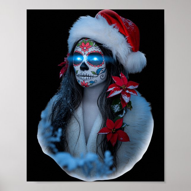 Poster Christmas Sugar Skull Art Woman Santa Hat Festive  (Devant)