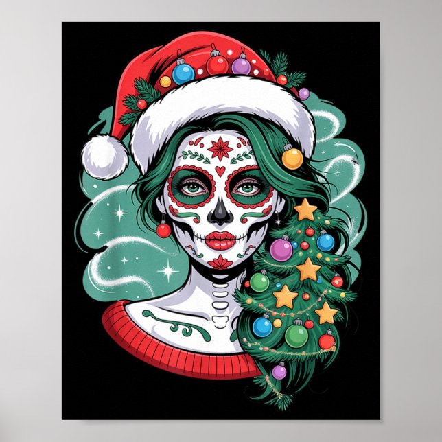 Poster Christmas Sugar Skull Art Woman Santa Hat Festive  (Devant)