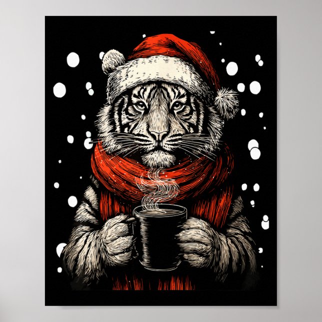 Poster Christmas Tiger With Santa Hat Coffee Lover Funny  (Devant)