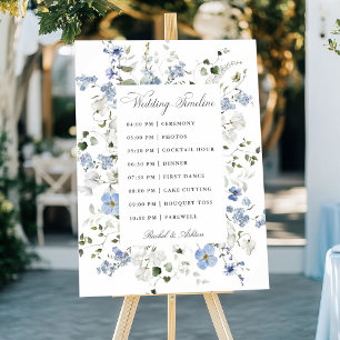Poster Chronologie de mariage florale bleue blanche verte